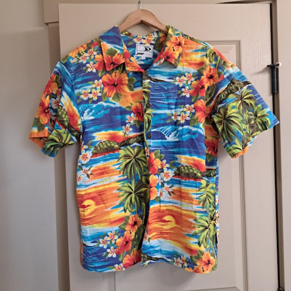 Good Vibes Hawaiian Tropical Palms‎ Island Surfer Men's Size Large